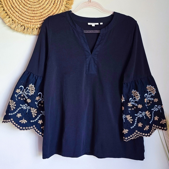 Chico's, Navy Blue Notch Neck Embroidered Eyelet Bell Sleeve Top, Size Large 2 - Picture 2 of 11